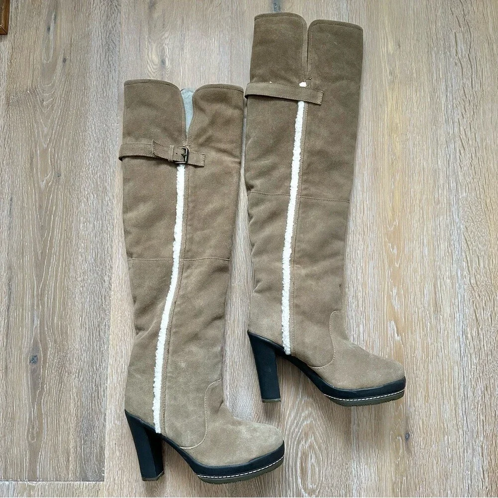 Kelsi Dagger Rozelle Genuine Suede Leather Over the Knee Boots Tan Faux Fur - 7